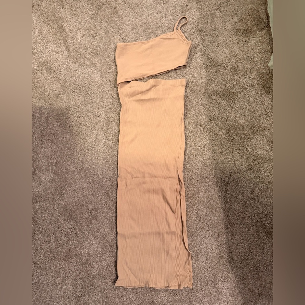 Asymmetrical tan bodycon dress